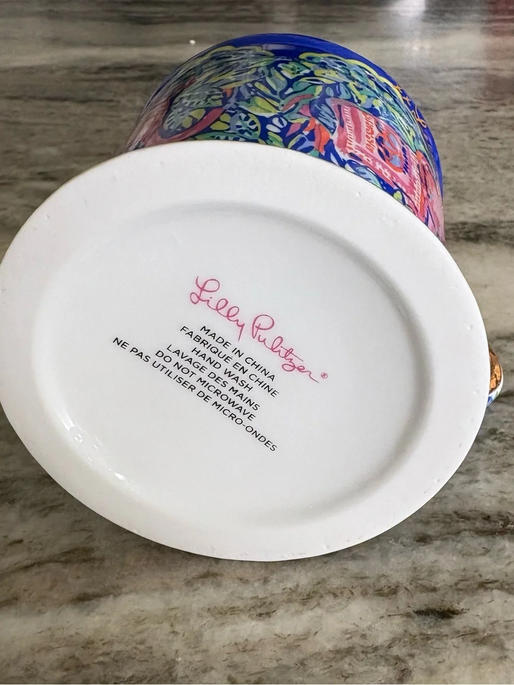 Lilly Pulitzer Blue Pink Elephant Print Tropical Ceramic Mug with Gold Handle